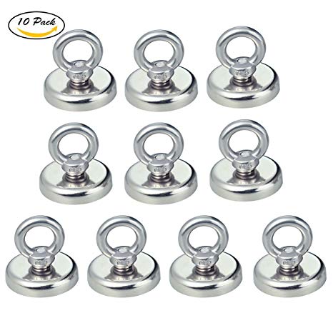 Wukong 1.26''D X 1.38''H Powerful Heavy Duty Neodymium Magnetic Hooks with Eyebolt, Strong, Permanent, Rare Earth Magnets,65 LB Pulling Forces for Multi-Use (10 Packs)