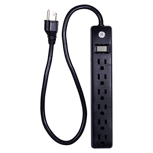 GE 6-Outlet Power Strip, 2ft Cord, Wall Mount, Integrated Circuit Breaker, 15A, 1800W, UL Listed, Black, 14831