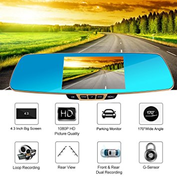 Dual Lens Mirror Camera, LESHP 1080P 140 Degree Full HD DVR Vehicle Dash Camcorder for Car with Dual Lens 4.3 TFT Rearview Mirror