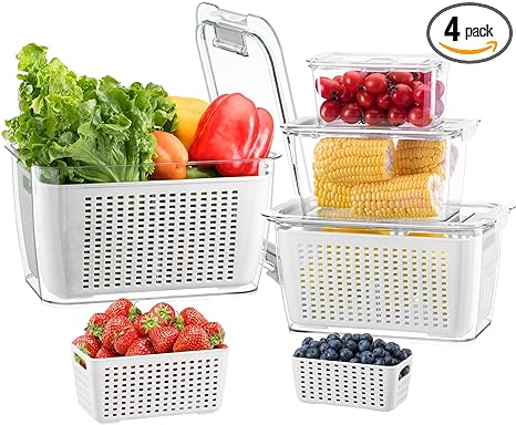 LUXEAR 4 Pack Fruit Vegetable Containers for Fridge, Produce Saver Container with Lids &Removable Colander BPA-free Refrigerator Storage Organizer for Fruit Vegetable, Berry, Meat keep Fresh Longer