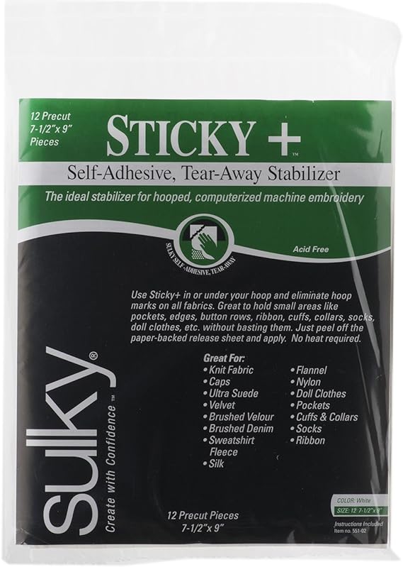 Sulky Of America 12 Count Sticky Plus Self-Adhesive Tear-Away Stabilizer, 7-1/2" by 9", White (551-02)