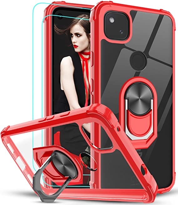 Google Pixel 4A Case (Not Fit Pixel 4A 5G) with 2PCS Tempered Glass Screen Protector, LeYi [Military-Grade] Clear Crystal Phone Case with Magnetic Ring Kickstand for Google Pixel 4A, Red