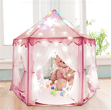 Baabyoo Children Play Tents Kids Tent 53''x55'' Prince and Princess Playhouse Magical Castle Kids Camping Boy and Girl Fairy House Mosquito Nets for Indoor/Outdoor Fun Kids Gift Pink