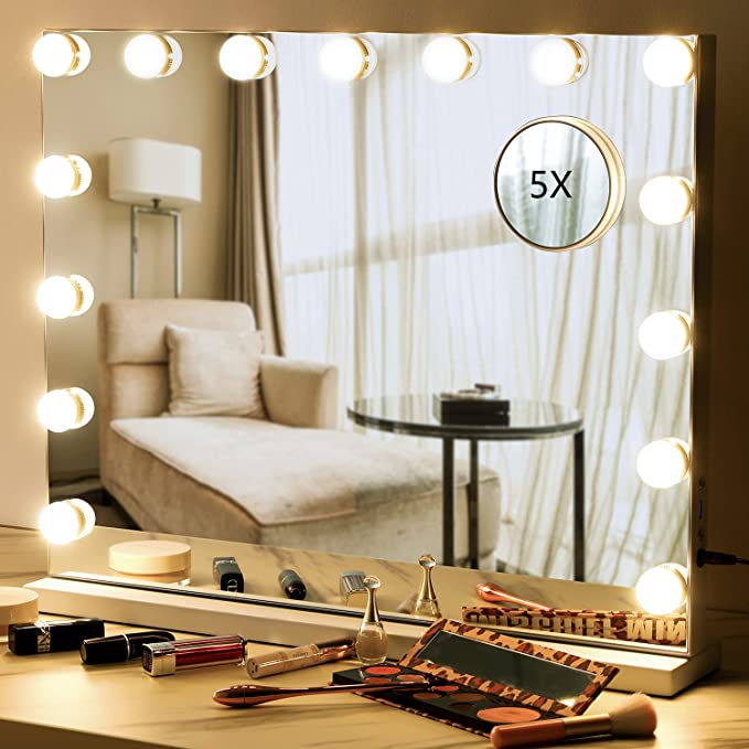 Vanity Makeup Mirror with Light Ohuhu 22.8" x 18.1" 3 Color Lighted Mirror with 15 Dimmable Bulbs Tabletop Wall Mounted Vanity Makeup Mirror Smart Touch Control Girl Mother's Day