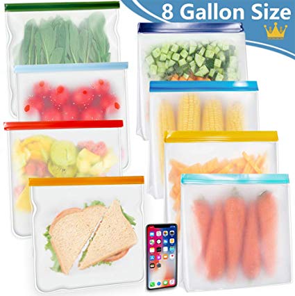 New! KYONANO Reusable Gallon Bags 8 Pack, Incl. 4 Stand Up Reusable Ziplock Gallon Freezer Bags, Reusable Food Storage Zipper Bags for Fruit, Cereal, Sandwich, Snack, Travel Item