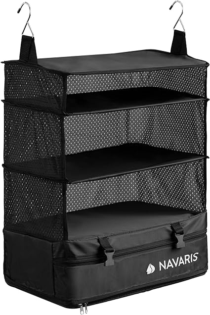 Navaris Hanging Travel Organiser Shelves - Portable Suitcase Packing Cube for Clothes - Easy to Unpack Storage for Luggage and Carry On Bags - Black