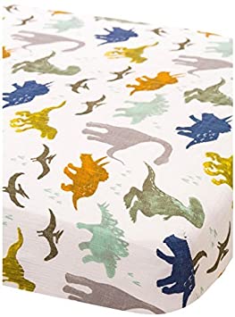 Little Unicorn Dino Friends Fitted Crib Sheet | 100% Cotton Muslin | Super Soft | Sized for Standard Baby Crib & Toddler Mattress | Machine Washable | 52” x 28” x 9”
