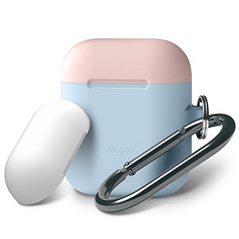 elago AirPods Duo Hang Case [Body:Pastel Blue/TOP:Lovely Pink, White] - [Extra Protection] [Hassle Free][Added Carabiner] - for AirPods Case