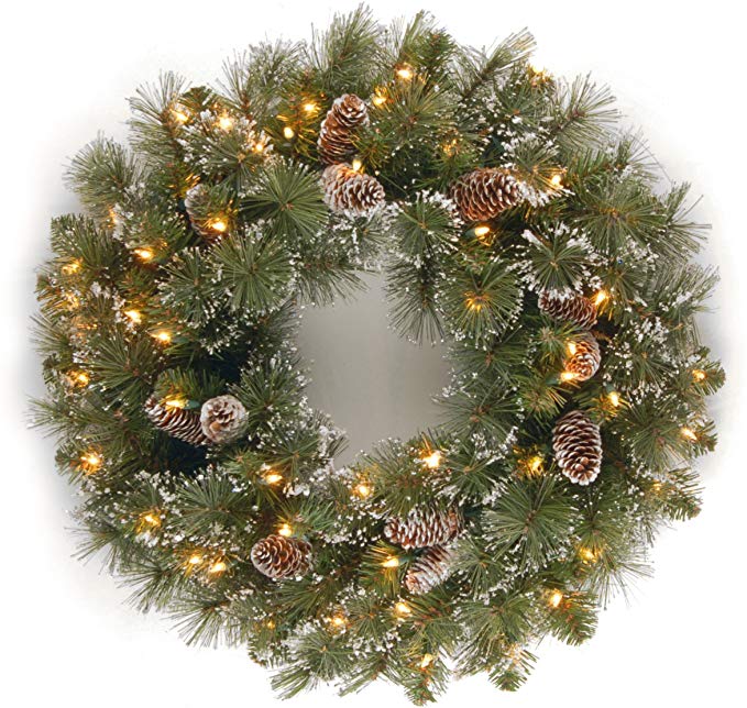 National Tree 24 Inch Glittery Pine Wreath with Cones, Snowflakes and 50 Clear Lights (GP1-300-24W-1)