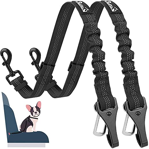 AUTOWT Dog Seat Belt, Upgrade 2 in 1 Latch Bar Attachment Dog Car Seatbelt Metal Buckle Elastic Bungee Buffer Reflective Nylon Belt Tether Connect to Dog Harness for Pet Safety