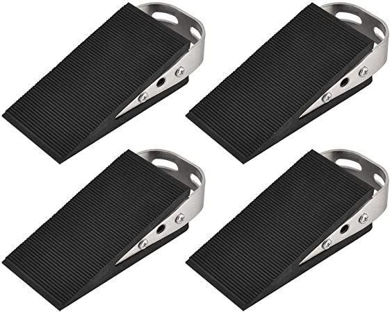 JQK Heavy Duty Door Stopper Rubber Wedge, 304 Stainless Steel Security Door Stops Works On All Floor Types, Brushed(4 Pack), DSB6-BN-P4