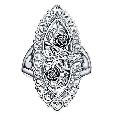 Angemiel Jewelry 925 Sterling Silver Openwork Flowers and Dragonfly Victorian Style Filigree Ring