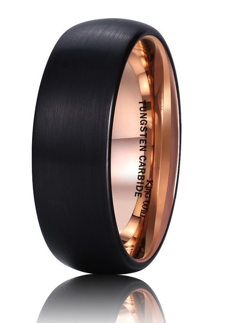 King Will Mens Black Tungsten Carbide Ring Matte/Brushed Finish Domed Wedding Band Rose Gold Plated Inner