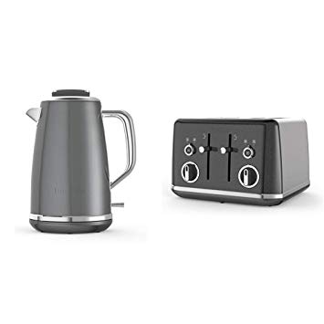 Breville Lustra Electric Jug Kettle, 1.7 Litre with 4 Slice Toaster, Stainless Steel, Storm Grey