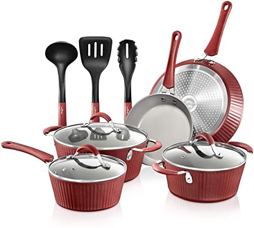 NutriChef Nonstick Cookware Excilon Home Kitchen Ware Pots & Pan Set with Saucepan Frying Pans, Cooking Pots, Lids, Utensil PTFE/PFOA/PFOS Free, 11 Pc, One size, Red