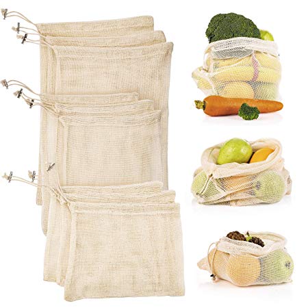 Reusable Produce Mesh Bags, Natural Cotton Eco-Friendly Net Bags with Double-Stitched Seams for Grocery Shopping Storage of Fruit Vegetable Garden Produce Set of 9 (3 Small - 3 Medium - 3 Large)