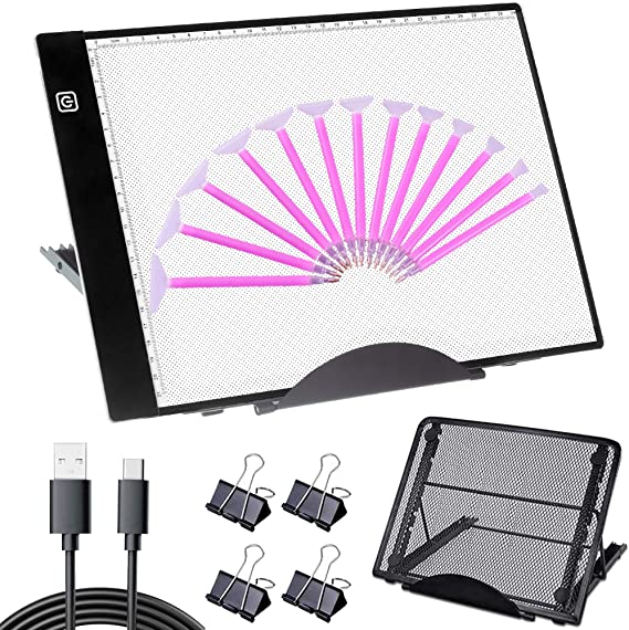 Hawanik Diamond Painting Light Pad Kits with Metal Stand, A4 LED Tracing Light Box with Clamps Diamond Dots Pens for Weeding Vinyl Drawing