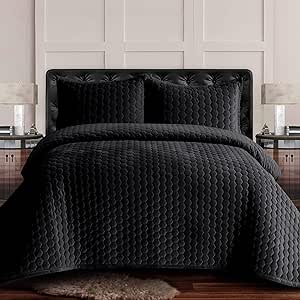 Tribeca Living Velvet King Quilt Set - Three-Piece Honeycomb Stitch Bedding, Super Soft 260GSM Velvet, Oversized Quilt and Two Sham Pillowcases, Black