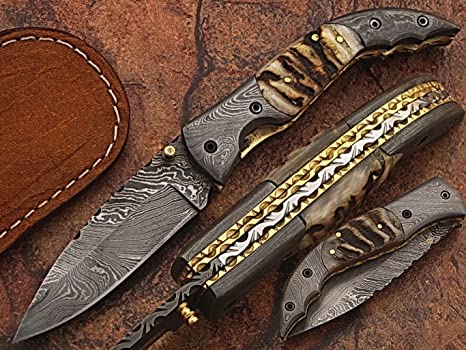 HNS Damascus steel blade pocket/Folding hunting knife (LARG 5073)