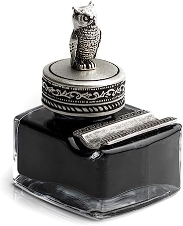 Owl Glass Inkwell with Pewter Cap & Pen Rest - Black Writing Ink