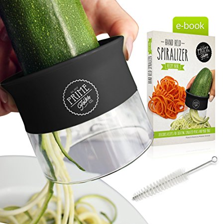 PrimeFolksCo. Hand Held Vegetable Spiralizer Bundle with eRecipe Cook Book ~ Spiral slicer creates endless spaghetti noodles ~ Includes brush for cleaning the compact spiral cutter