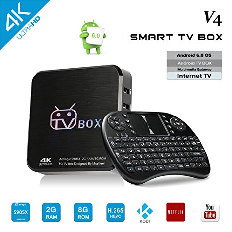 4K Smart Mini TV Box , Android 6.0 Quad Core Amlogic S905X 64 bits Mostfeel 2GB/8GB Decoding 1080p H.265 UHD HDMI Streaming Media Player 2.4G WIFI LAN Airplay with Mini I8 Wireless Keyboard