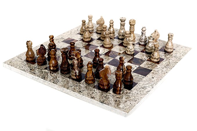 RADICALn 16 Inches Handmade Fossil Coral and Dark Brown Marble Full Chess Game Original Marble Chess Set