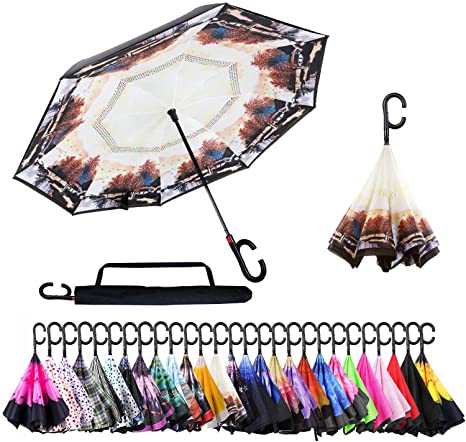 OUTDOOR WIND Double Layer Inverted Umbrella with C-Shaped Handle and Carrying Bag，Anti-UV Waterproof Windproof Straight Umbrella for Car Rain Outdoor Use(Bridge)