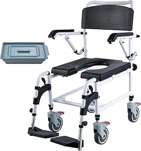 VEVOR Shower Commode Wheelchair with 4 Lockable Wheels, Footrests, Flip-up Arms, 3-Level Adjustable Height, 5L Removable Bucket, 350 LBS Capacity, Commode Chair for Adults Seniors