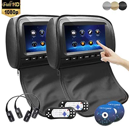 9 inch 1080P Car Headrest DVD Player Video Monitor with Leather Cover Zipper IR Wireless Headphones Games for Kids Road Trips Entertainment System (Touch Screen, Black)