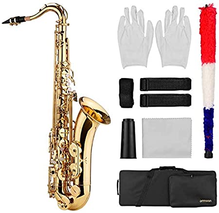 ammoon Tenor Saxophone Bb Sax Brass Body Gold Lacquered Surface Woodwind Instrument with Carry Case Gloves Cleaning Cloth Brush Sax Neck Straps