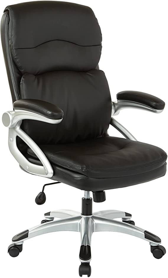 Office Star ECH Series Bonded Leather Executive Chair with Lumbar Support and Padded Flip Arms, High-Back, Black with Silver Accents