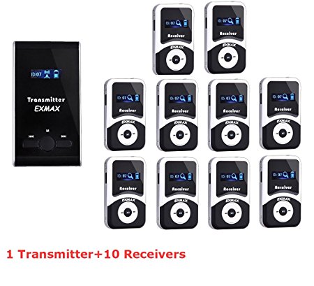 EXMAX® ATG-100T 72MHz-76MHz Professional Wireless Microphone Earphone System For Tour Guide Church Listening Teaching Conference Travelling Museum Square Dance (1 Transmitter 10 Receivers)