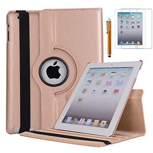 iPad 2 Case, iPad 3 Case, iPad 4 Case, AiSMei Rotating Stand Case Cover with Wake Up/Sleep For Apple iPad 2, iPad 3, iPad 4 [ 9.7-Inch iPad Released before 2013 ] [Bonus Film Stylus] Gold