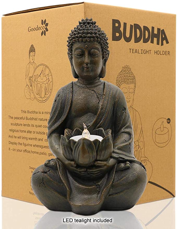 Meditating Buddha Statue Figurine Sitting Sculpture Decoration 8" Tealight Holder/Candle Holder for Home, Garden, Patio with a LED Tea Light, Polyresin, Antique Bronze Look(1 Pack)