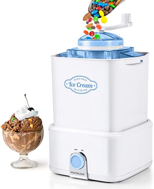 Nostalgia CICM2WB Electric Ice Cream Maker with Candy Crusher, 2-Quart, White/Blue