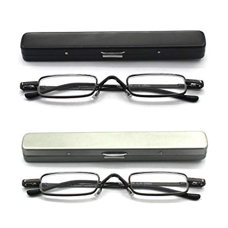 Mini Reading Glasses EYE ZOOM 2 Pack Metal Small Readers with Spring Hinge Lightweight Portable Clip Aluminum Case, Black, Gunmetal, Strength  1.25