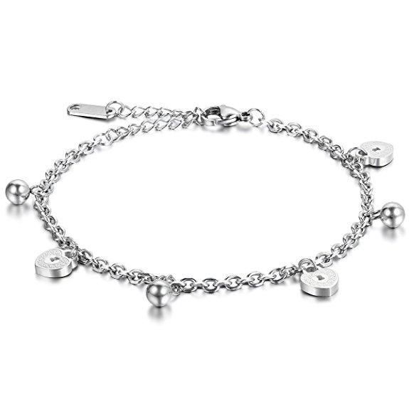 Jewelrywe Stainless Steel Rolo Chain Ankle Bracelet Heart Lock Anklet Adjustable, Silver Rose Gold