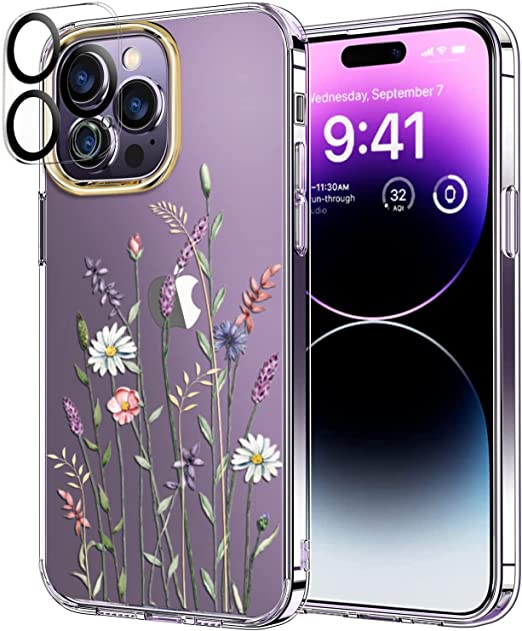 luolnh Compatible with iPhone 14 Pro Max Case with Flowers,for Girly Women,Shockproof Clear Floral Pattern Hard Back Cover for iPhone 14 Pro Max 6.7 inch 2022 -Wildflower