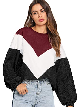 Romwe Women's Loose Colorblock Sweatshirt Lantern Sleeve Round Neck Pullover Tops