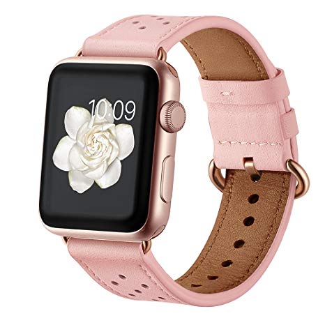 Leather Band for Apple Watch 38mm 42mm,iwatch Series 1 2 3 Pink Replacement Strap with Rose Gold Stainless Steel Buckle Clasp