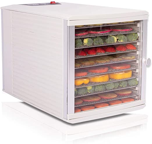JAYETEC Food Dehydrators, 10 Trays staniless steel trays with digital adjustable,temperature and timer controlling, vegetable, fruit, jerky,beef, herb dehydrator, yogurt maker, double over heat protection, transparent door & Grey, including 2pcs non-stick sheets