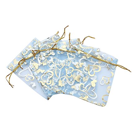 Anleolife 3.5x4.5 inch Blue Organza Bags/Jewelry Pouch Bags/Organza Velvet Drawstring Pouches Wedding Favors Candy Gift Bags 100pcs(light blue heart)