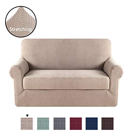H.VERSAILTEX 2 Pieces Sofa Slipcover Slip Resistant Stylish Furniture Cover/Protector Jacquard Spandex Stretch Sofa Cover/Slipcovers (Loveseat 2 Seater, Sand)
