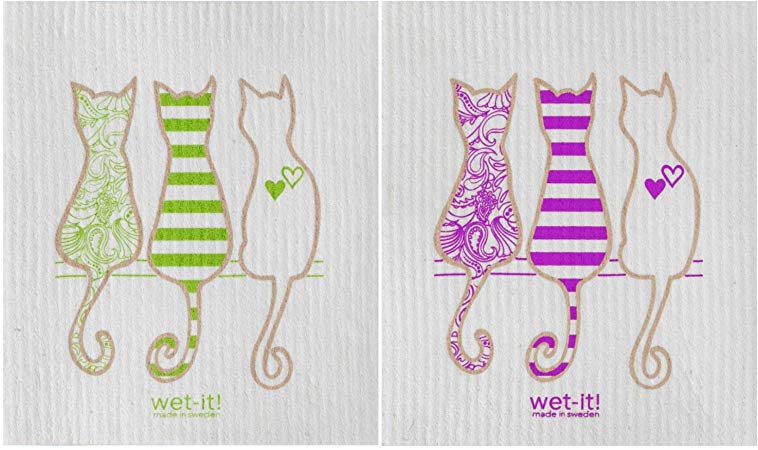 Wet-It! Swedish Dishcloth Set of 2-2 Different Cat Designs Purple and Green - New