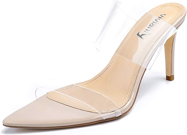 vivianly Clear Pointed Toe Heels Sandals Transparent Strap Stiletto High Heels Slip on Mules for Women