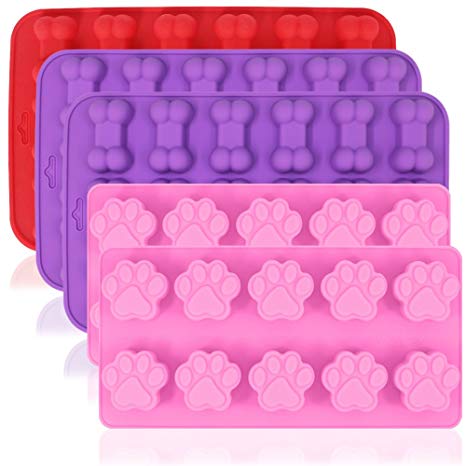 Dog Paw and Bone Shaped Silicone Molds, AIFUDA 5 Pcs Food Grade Puppy Treat Trays, Reusable Bakeware for Baking Chocolate Candy Jelly, Oven Microwave Freezer Dishwasher Safe -Pink, Purple, Red