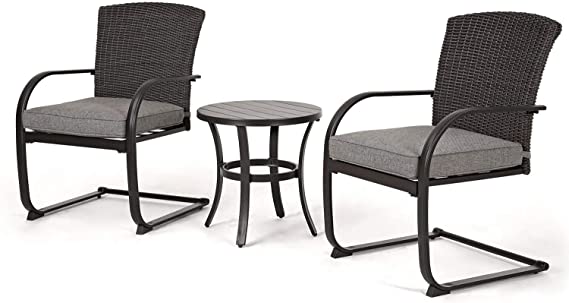 Grand patio 3 Piece Wicker Conversation Set with C-Spring Motion, Outdoor Bistro Set with Steel Table, Furniture Set (Grey Cushions)