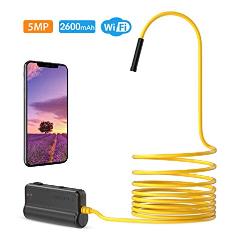 Wireless Endoscope,DEPSTECH Upgrade HD 5.0MP WiFi Borescope, 16 inch Focal Distance, Semi-Rigid Snake 1944P Inspection Camera with 2600 mAh Battery for iOS & Android Smart Phone & Tablets