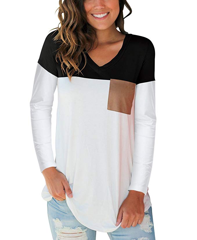 Womens Tops V Neck Long Sleeve and Long Sleeve Color Block Casual Tee Shirts